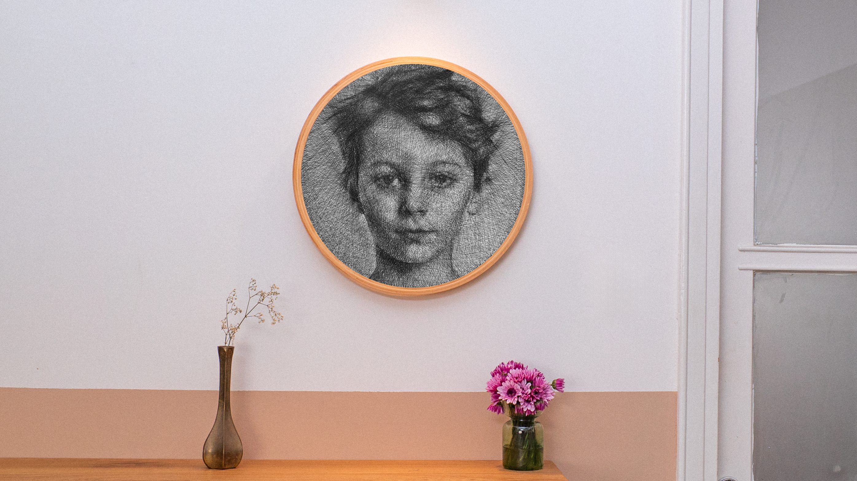 Room interior with a portrait on the wall, a wooden shelf, and a door.